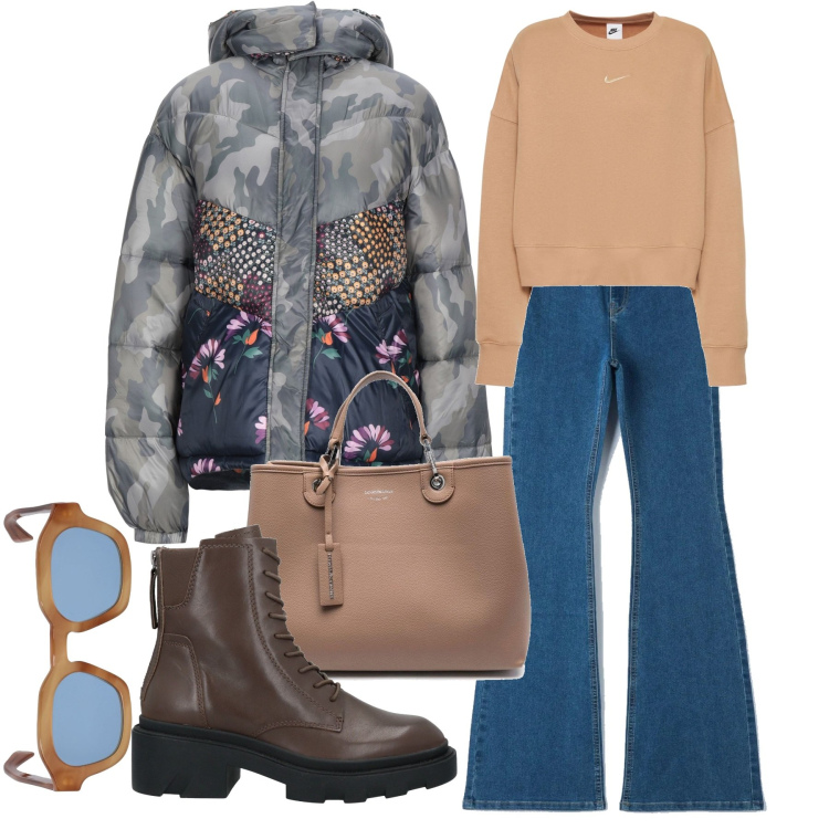 Outfit donna - Il piumino stravagante. Stile Casual per Tutti i giorni. Abbinamento con stivaletti, piumini, jeggings, shopping bag, felpe, occhiali da sole.