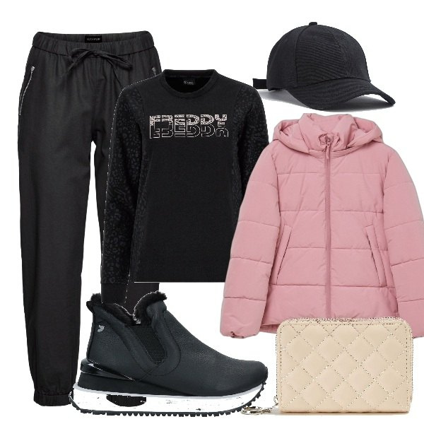 Outfit donna - Camminata invernale. Stile Sporty chic per Tutti i giorni. Abbinamento con pantaloni, sneakers, portafogli, cappelli con visiera, piumini, felpe.