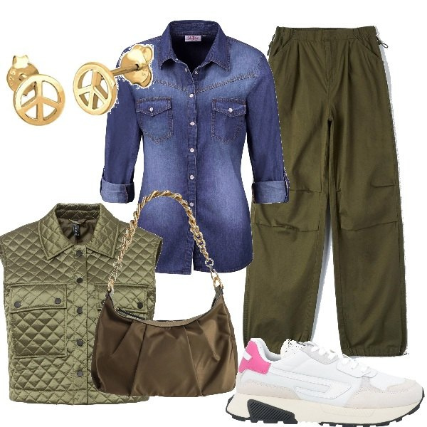Outfit donna - Il cargo up-to-date. Stile Sporty chic per Tutti i giorni. Abbinamento con sneakers, borse a spalla, camicie, gilet, pantaloni cargo, orecchini.
