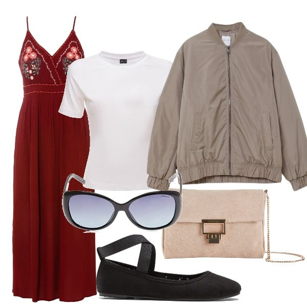 Outfit donna - Il bomber up-to-date. Stile Romantica per Tutti i giorni. Abbinamento con ballerine, vestiti lunghi, pochette, bomber, t-shirt, occhiali da sole.