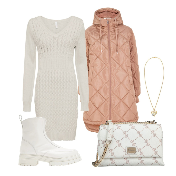 Outfit donna - Il vestito perfetto curvy. Stile Casual chic per Tutti i giorni. Abbinamento con vestiti, giacche, borse a tracolla, stivaletti, ciondoli.