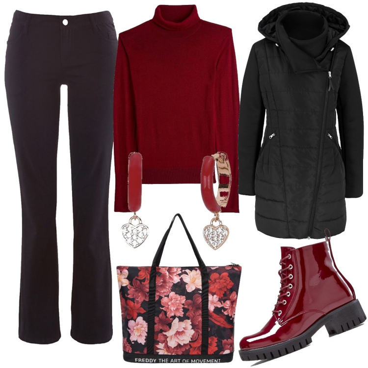 Outfit donna - Fiori d\'inverno. Stile Casual chic per Tutti i giorni. Abbinamento con blazer, stivaletti, pantaloni, maglieria, orecchini, borse tote.