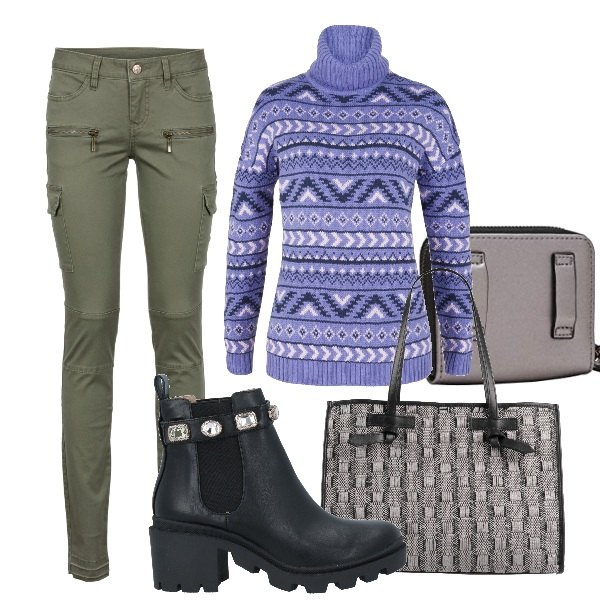Outfit donna - Military #59. Stile Military per Scuola/Università. Abbinamento con pantaloni cargo, maglieria, stivaletti, borse a mano, portafogli.