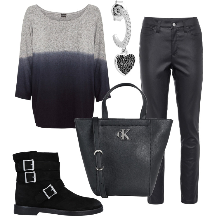 Outfit donna - La maglia furba. Stile Basic per Tutti i giorni. Abbinamento con borse a mano, stivaletti, maglieria, pantaloni skinny, orecchini.