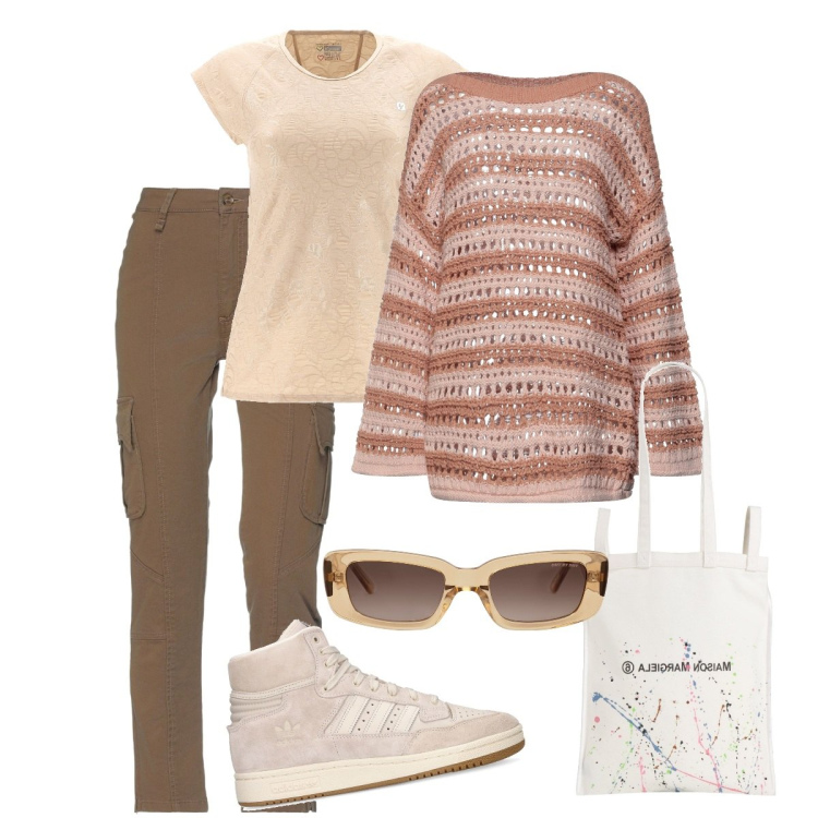 Outfit donna - Domenica mattina. Stile Casual per Tutti i giorni. Abbinamento con pullovers, pantaloni, borse a spalla, t-shirt, sneakers alte, occhiali da sole.