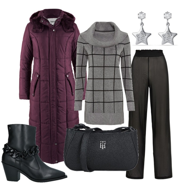 Outfit donna - Il piumino color prugna. Stile Casual chic per Ufficio. Abbinamento con maglieria, blazer, stivaletti, borse a tracolla, orecchini, pantaloni.