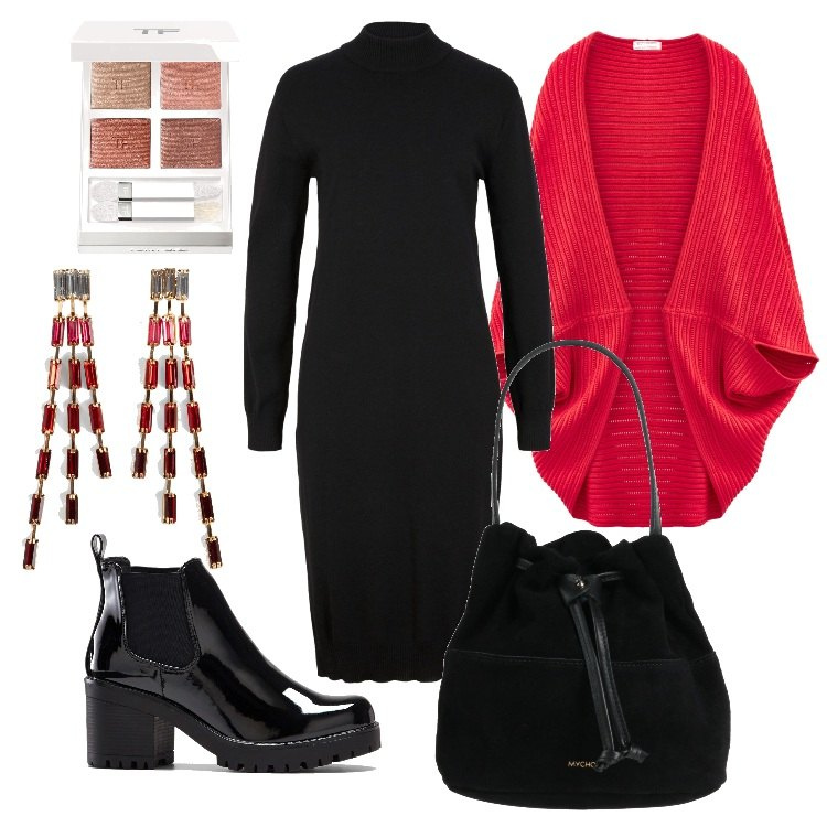 Outfit donna - La mantella rossa. Stile Minimal per Ufficio. Abbinamento con stivaletti, vestiti midi/longuette, cappotti, orecchini, borse a mano, ombretti.