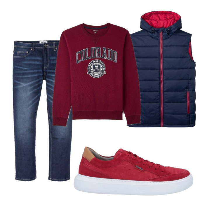 Outfit uomo - Casual #1966. Stile Casual per Tutti i giorni. Abbinamento con jeans dritti, gilet, sneakers, felpe con cappuccio.