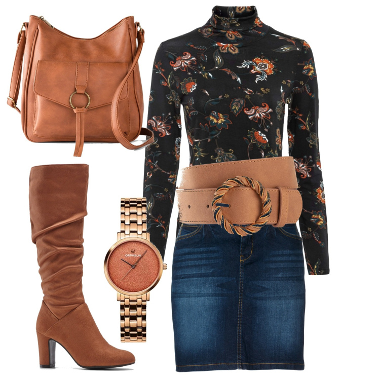 Outfit donna - Fiori e jeans. Stile Basic per Tutti i giorni. Abbinamento con gonne, borse a tracolla, maglieria, cinture, stivali, orologi analogici.