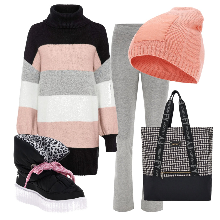 Outfit donna - Il maglione lungo. Stile Basic per Tutti i giorni. Abbinamento con maglieria, stivali sopra il ginocchio, pantaloni, borse tote, cappelli con visiera.