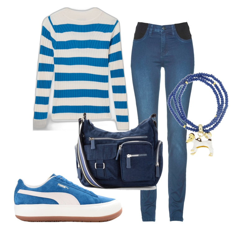 Outfit donna - Fuffy. Stile Basic per Tutti i giorni. Abbinamento con jeans skinny, borse a tracolla, sneakers, braccialetti, maglieria.