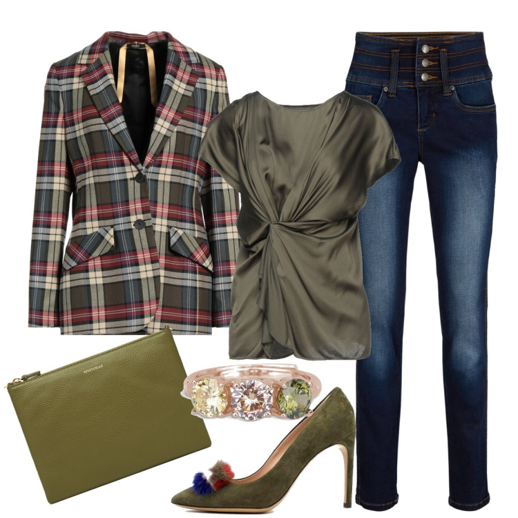Outfit donna - Chi di verde si veste... Stile Casual chic per Ufficio. Abbinamento con bluse, blazer, jeans, anelli, décolleté, borse a tracolla.