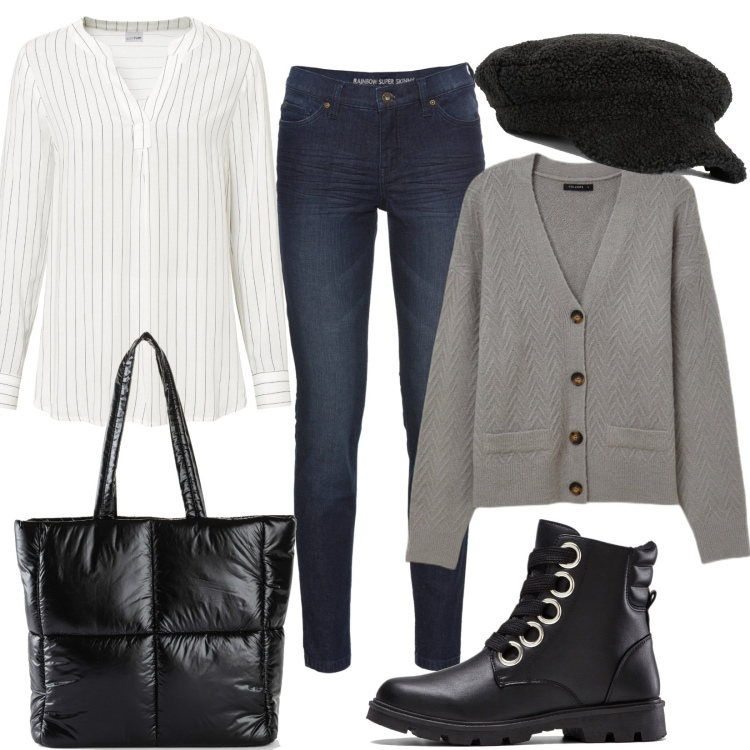 Outfit donna - Sempre sprint. Stile Urban per Tutti i giorni. Abbinamento con jeans skinny, stivaletti, tuniche, shopping bag, cappelli con visiera, cardigans.