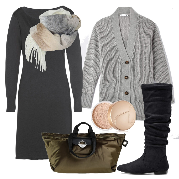 Outfit donna - Minimal al massimo. Stile Minimal per Tutti i giorni. Abbinamento con stivali, vestiti, borse a spalla, cardigans, sciarpe, fondotinta.