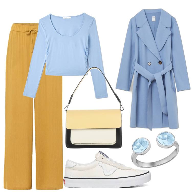 Outfit donna - Il trench azzurro per la primavera. Stile Casual chic per Tutti i giorni. Abbinamento con pantaloni, borse a mano, t-shirt, cappotti, sneakers, anelli.