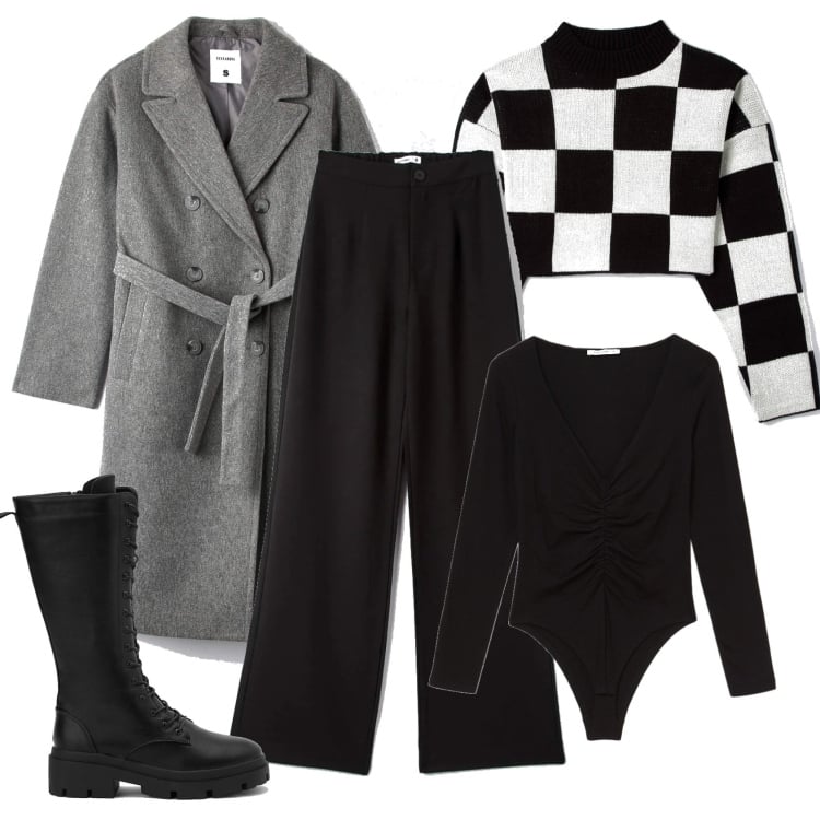 Outfit donna - Grintosa. Stile Urban per Tutti i giorni. Abbinamento con pantaloni, cappotti, maglieria, anfibi, body.