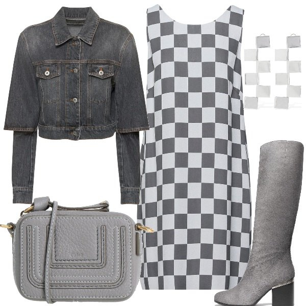 Outfit donna - Scacco matto. Stile Vintage retrò per Serata fuori. Abbinamento con stivali, borse a tracolla, vestiti corti, orecchini, giacche.