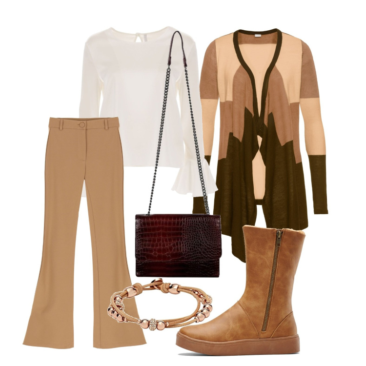 Outfit donna - Il cardigan geometrico. Stile Boho per Tutti i giorni. Abbinamento con stivali, cardigans, borse a tracolla, pantaloni, bluse, braccialetti.