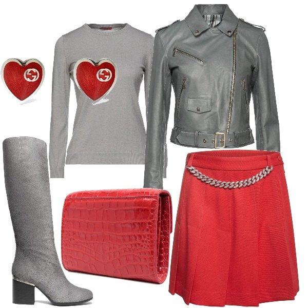 Outfit donna - Apritivo in rosso e grigio. Stile Glamour per Serata fuori. Abbinamento con stivali, giacche, pullovers, borse a tracolla, minigonne, orecchini.