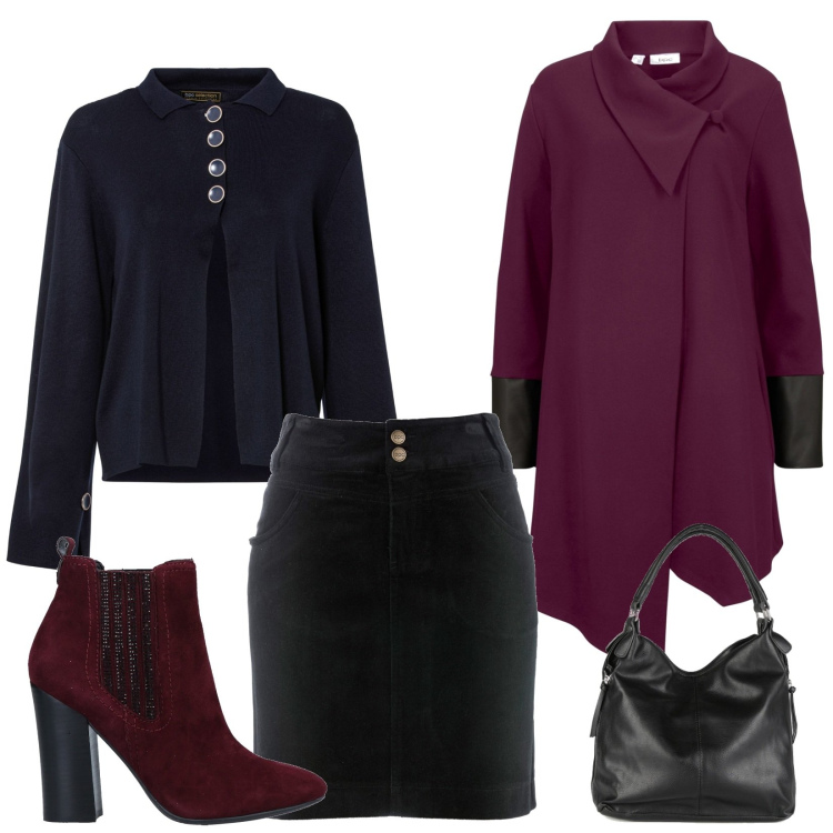 Outfit donna - Bordeaux. Stile Casual chic per Tutti i giorni. Abbinamento con gonne lunghe, cardigans, cardigans, stivaletti, borse a spalla.