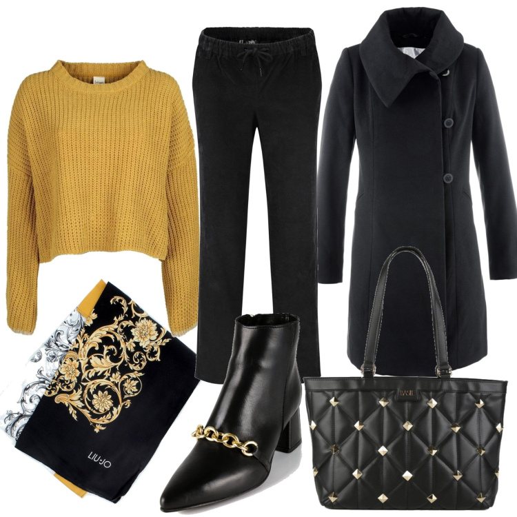 Outfit donna - Nero e oro chic. Stile Casual chic per Tutti i giorni. Abbinamento con pantaloni, cappotti, borse a spalla, maglieria, stivaletti, sciarpe.