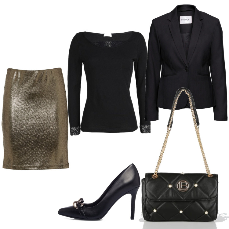 Outfit donna - Cerimonia con glitter. Stile Chic per Cerimonia. Abbinamento con blazer, gonne, maglieria, borse a mano, décolleté.