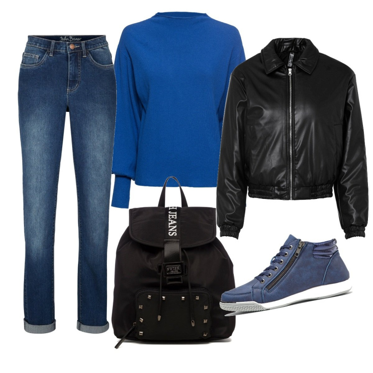Outfit donna - Total look #1518165. Stile Casual per Scuola/Università. Abbinamento con maglieria, sneakers alte, jeans dritti, bomber, borse a spalla.