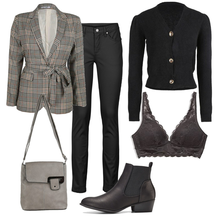 Outfit donna - Casual chic #2357. Stile Casual chic per Ufficio. Abbinamento con jeans, stivaletti chelsea, blazer, cardigans, borse a tracolla, reggiseni.