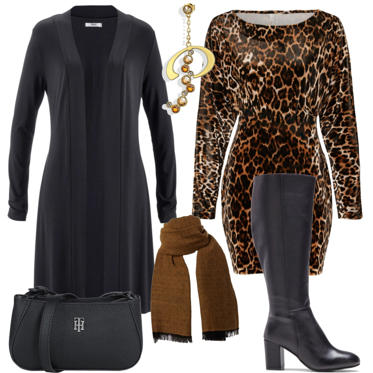 Outfit donna - Donna Curvy un abito per l\'inverno. Stile Glamour per Serata fuori. Abbinamento con cardigans, stivali, vestiti, borse a tracolla, orecchini, sciarpe.