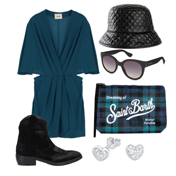 Outfit donna - Ghost outfitter - l\'abito cut out. Stile Casual chic per Tutti i giorni. Abbinamento con cappelli con visiera, stivaletti, pochette, vestiti, occhiali da sole, orecchini.