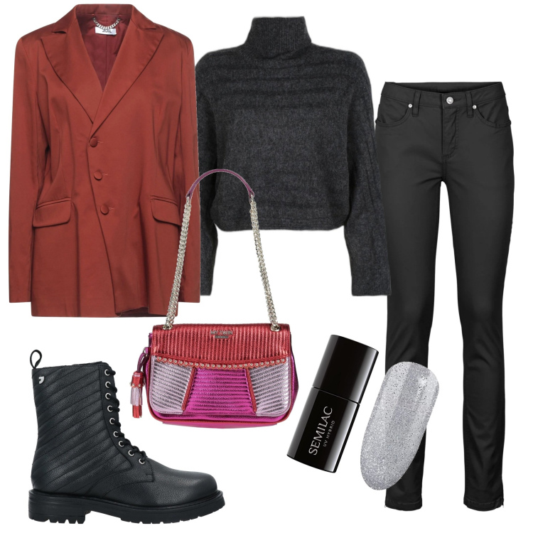 Outfit donna - Serata in gruppo. Stile Casual chic per Serata fuori. Abbinamento con jeans, stivaletti, blazer, borse a spalla, maglieria, smalti.