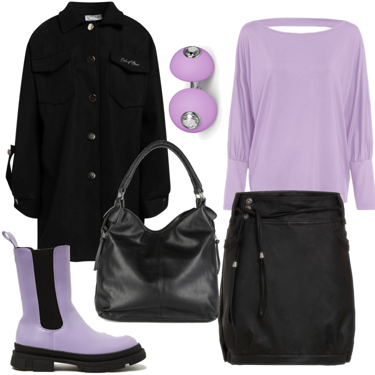 Outfit donna - Lilla. Stile Urban per Tutti i giorni. Abbinamento con maglieria, gonne, cappotti, borse a spalla, orecchini, stivali.
