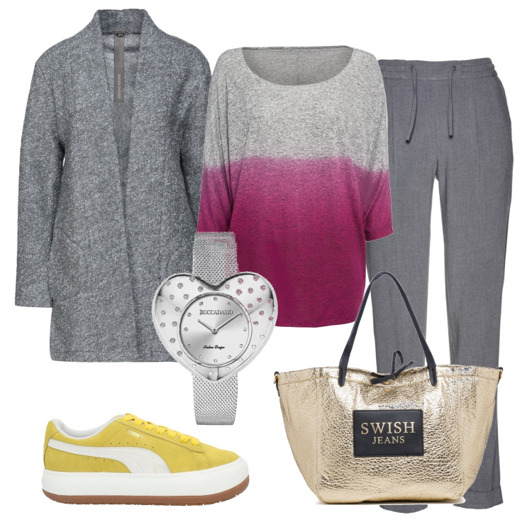 Outfit donna - Sabato pomeriggio relax. Stile Casual per Tutti i giorni. Abbinamento con pantaloni, maglieria, sneakers, cappotti, orologi, borse a spalla.