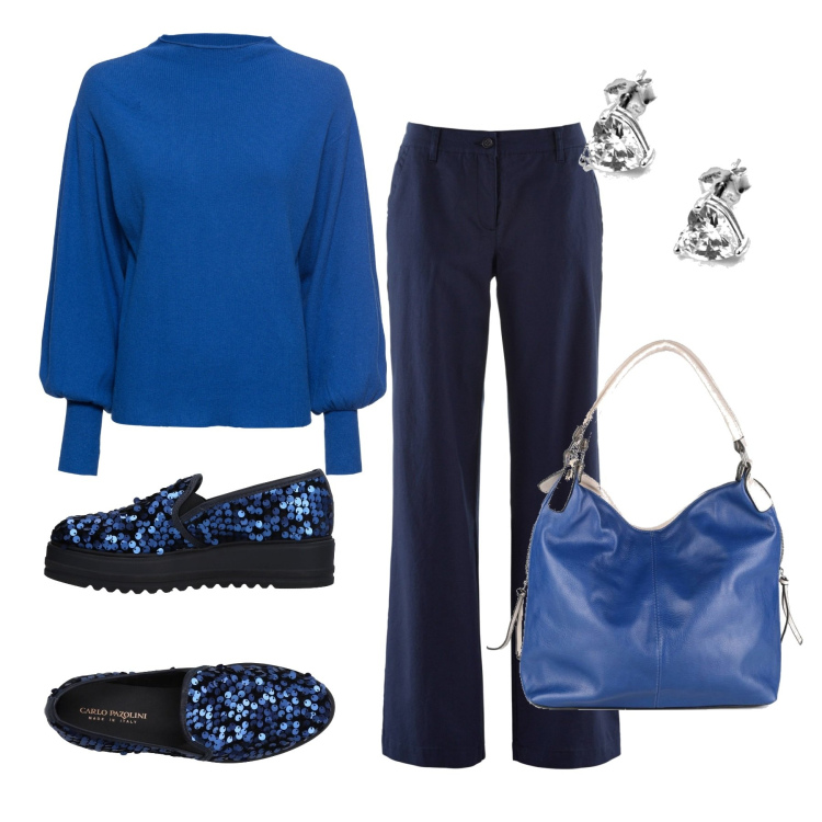 Outfit donna - Nel blu. Stile Basic per Tutti i giorni. Abbinamento con maglieria, pantaloni, sneakers, borse a spalla, orecchini.
