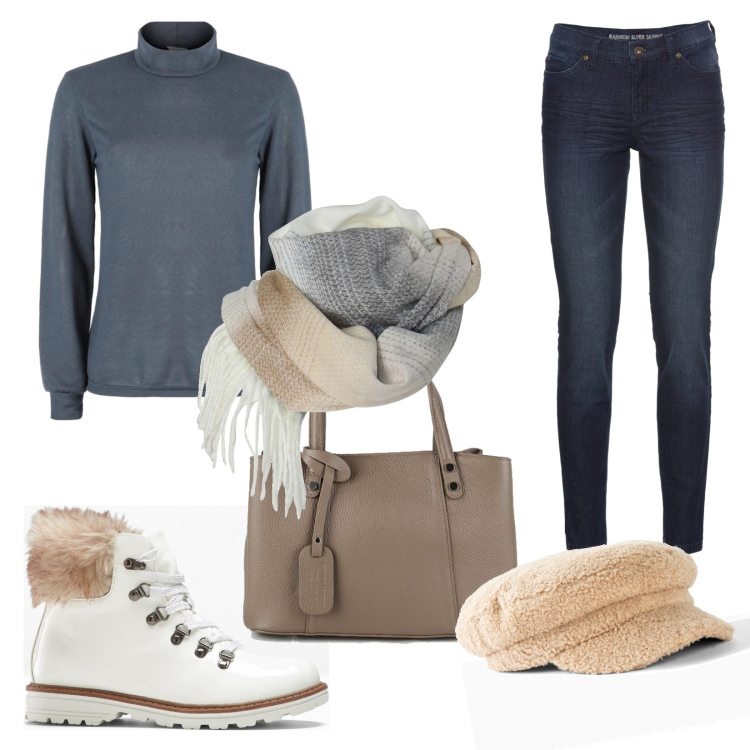 Outfit donna - Scarponcini pellicciosi. Stile Casual per Tutti i giorni. Abbinamento con jeans skinny, stivaletti, cappelli con visiera, maglieria, borse a mano, sciarpe.