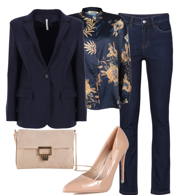 Outfit donna - In città. Stile Casual chic per Tutti i giorni. Abbinamento con jeans, pochette, camicie, décolleté, blazer.