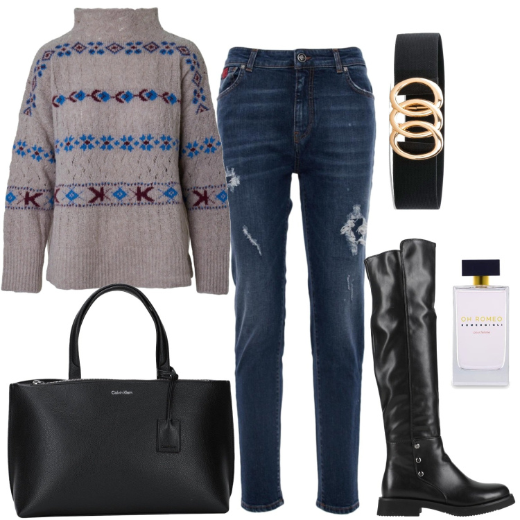 Outfit donna - Total look #1518940. Stile Casual per Tutti i giorni. Abbinamento con cinture, stivali, borse a mano, jeans, maglieria, profumi.