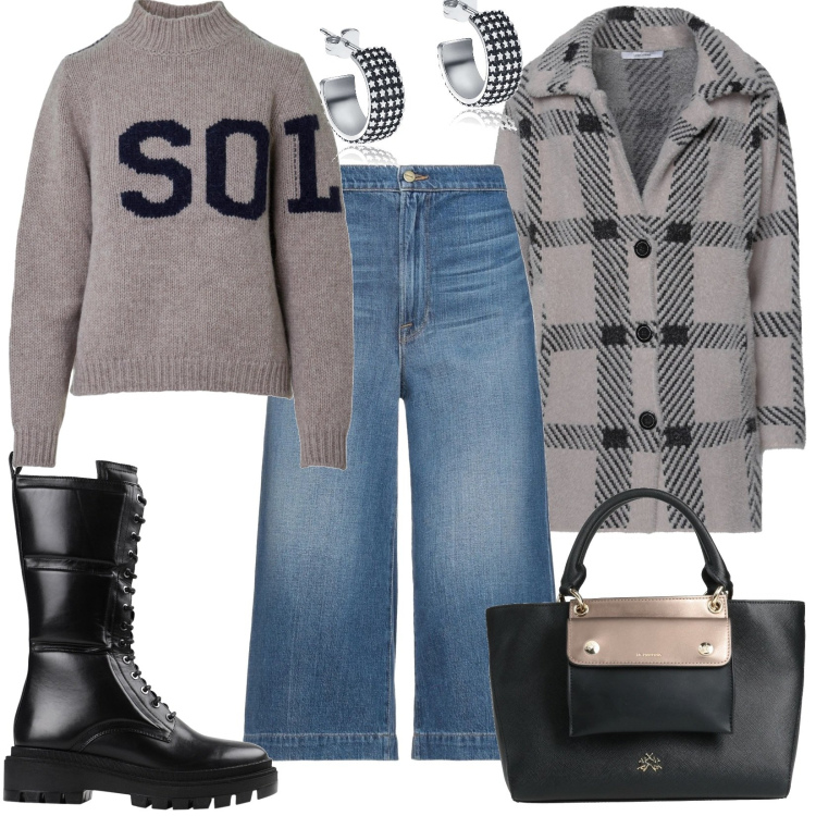 Outfit donna - Total look #1518941. Stile Casual per Tutti i giorni. Abbinamento con stivali, jeans, cardigans, borse a mano, orecchini, maglieria.