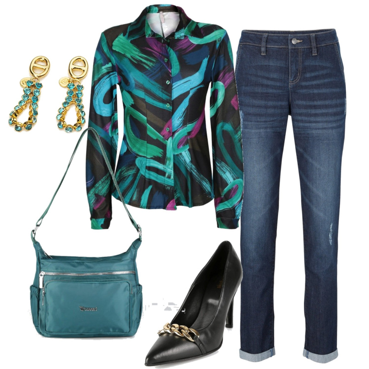 Outfit donna - In città. Stile Casual per Tutti i giorni. Abbinamento con jeans boyfriend, camicie, décolleté, borse a tracolla, orecchini.