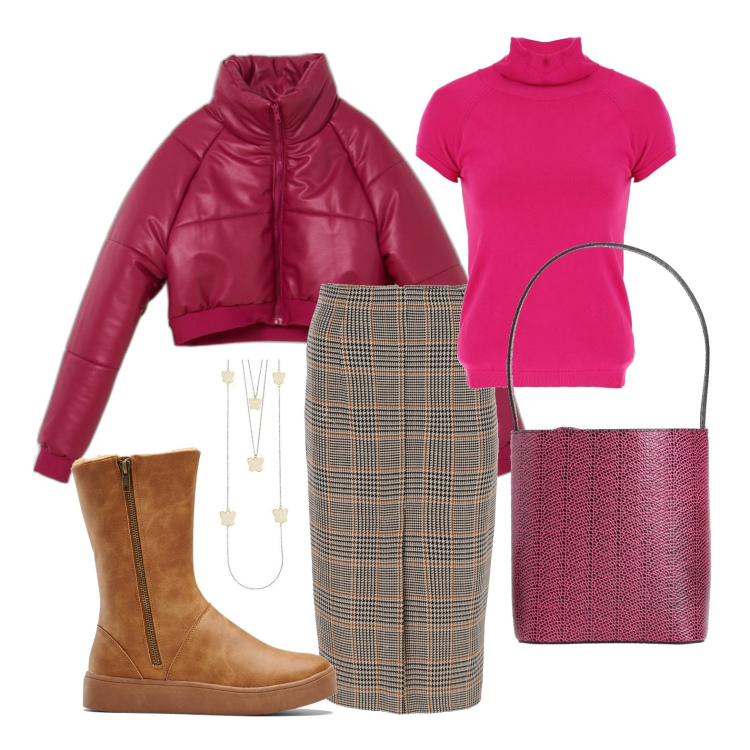 Outfit donna - Ghost outfitter - ciclamino così. Stile Casual chic per Tutti i giorni. Abbinamento con stivali, borse a mano, collane, gonne longuette, maglieria, piumini.