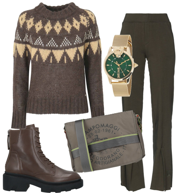 Outfit donna - Tra il verde e il marrone. Stile Basic per Tutti i giorni. Abbinamento con pantaloni, stivaletti, borse a tracolla, maglieria, orologi analogici.
