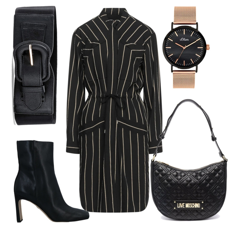 Outfit donna - Stile gessato. Stile Basic per Ufficio. Abbinamento con cinture, vestiti midi/longuette, stivaletti, borse a spalla, orologi.