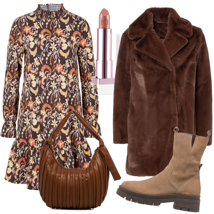 Outfit donna - FT - Semplice femminile. Stile Casual chic per Tutti i giorni. Abbinamento con vestiti, ecopellicce, rossetti, stivaletti, borse a spalla.