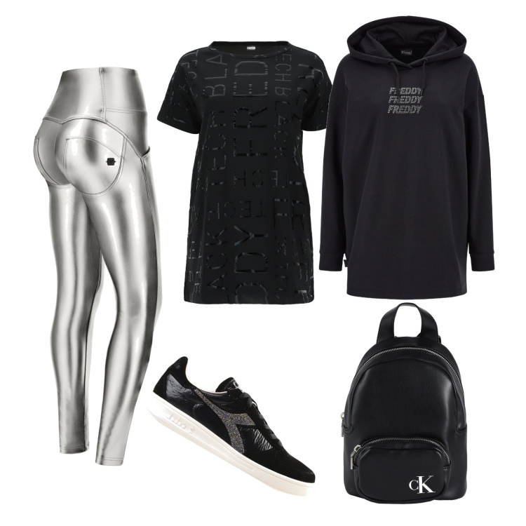 Outfit donna - Felpa oversize e leggins argento. Stile Urban per Tutti i giorni. Abbinamento con zaini, sneakers, felpe con cappuccio, t-shirt, pantaloni skinny.