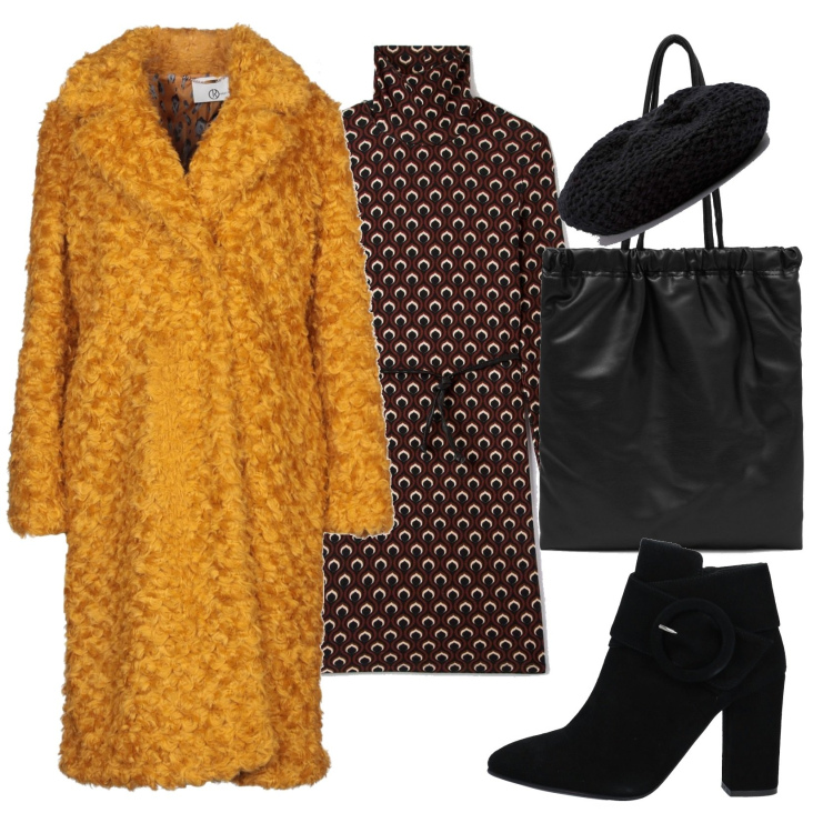 Outfit donna - Tocco di colore. Stile Urban per Tutti i giorni. Abbinamento con cappotti, stivaletti, cappelli con visiera, vestiti corti, shopping bag.