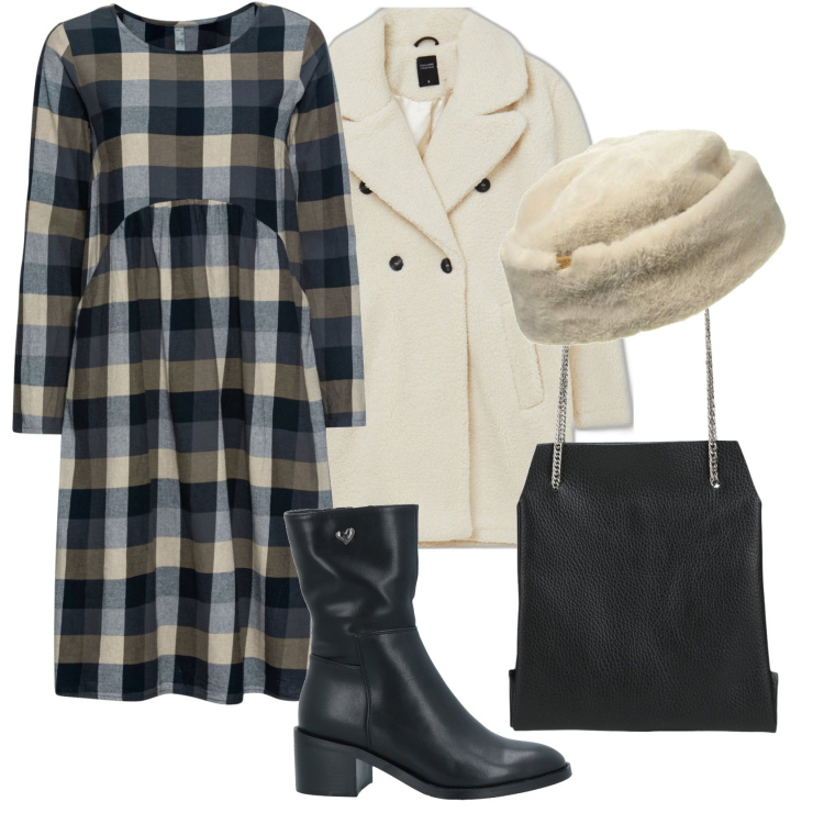 Outfit donna - Curvy con stile. Stile Bon Ton per Tutti i giorni. Abbinamento con vestiti, stivaletti, borse a mano, cappotti, berretti.