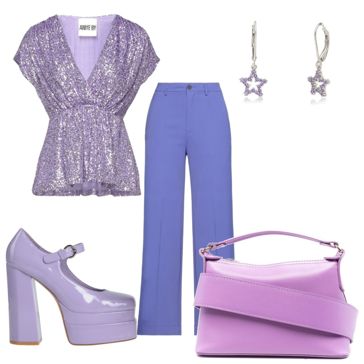 Outfit donna - Viola chiaro scintillante. Stile Trendy per Serata fuori. Abbinamento con décolleté, bluse, pantaloni, orecchini, borse tote.