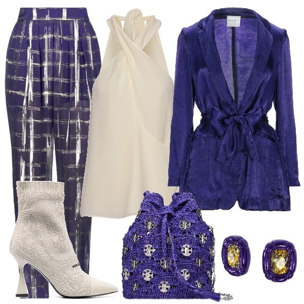 Outfit donna - Una giacca in velluto. Stile Glamour per Serata fuori. Abbinamento con top, blazer, pantaloni, orecchini, stivali, borse a secchiello.