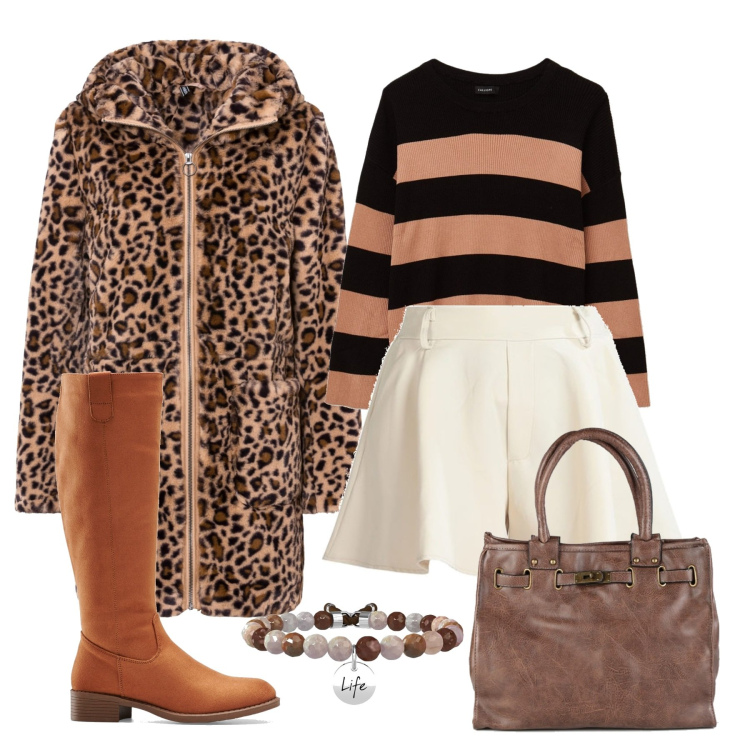 Outfit donna - Corto sotto il leopardato. Stile Chic per Tutti i giorni. Abbinamento con stivali, ecopellicce, shorts, borse a mano, braccialetti, maglieria.