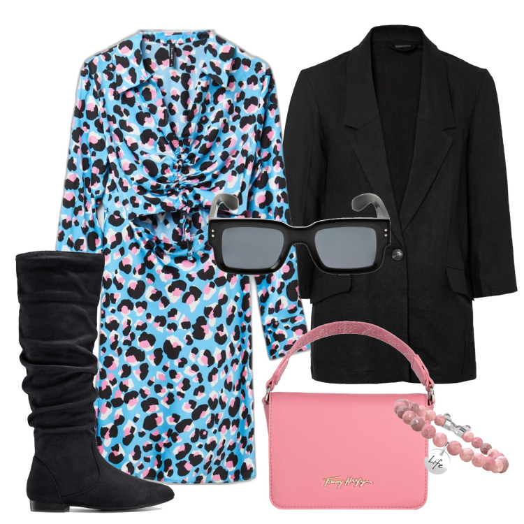 Outfit donna - Il maculato colorato che va ora. Stile Chic per Tutti i giorni. Abbinamento con stivali, blazer, borse a mano, braccialetti, vestiti corti, occhiali da sole.